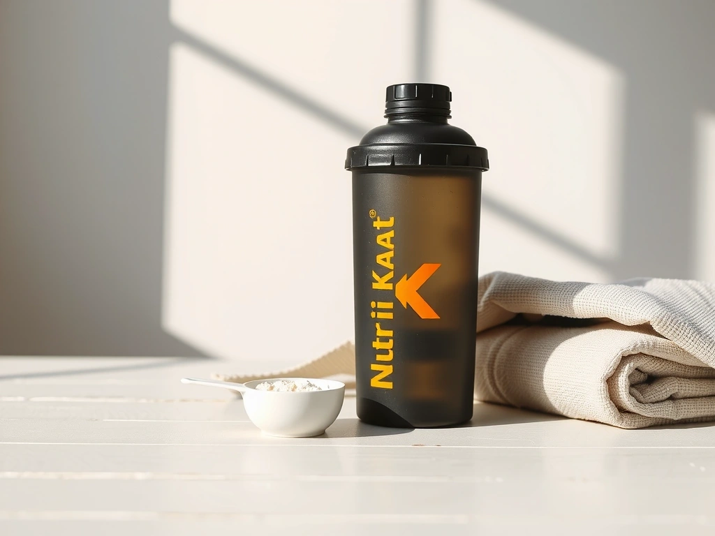 Botol shaker NutriKuat dengan bubuk protein di atas meja kayu bersih