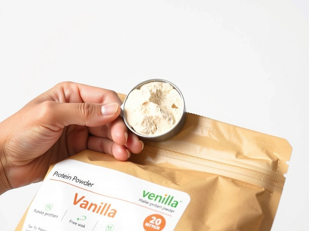 Tangan memegang sendok protein bubuk di atas kantung